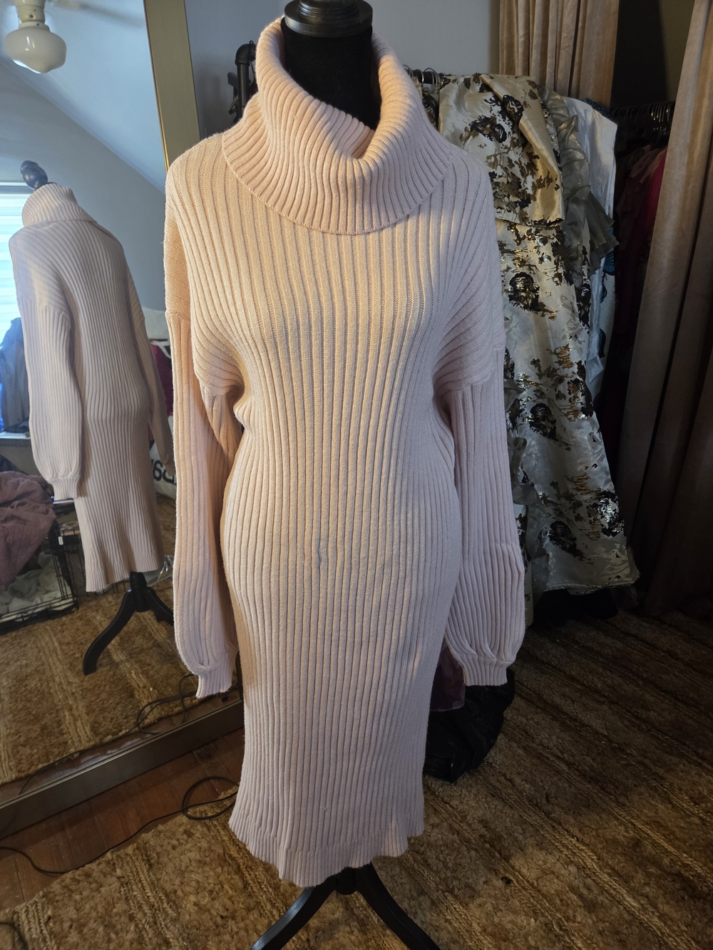Cozy Ribbed Turtleneck Sweater Dress - Light Pink